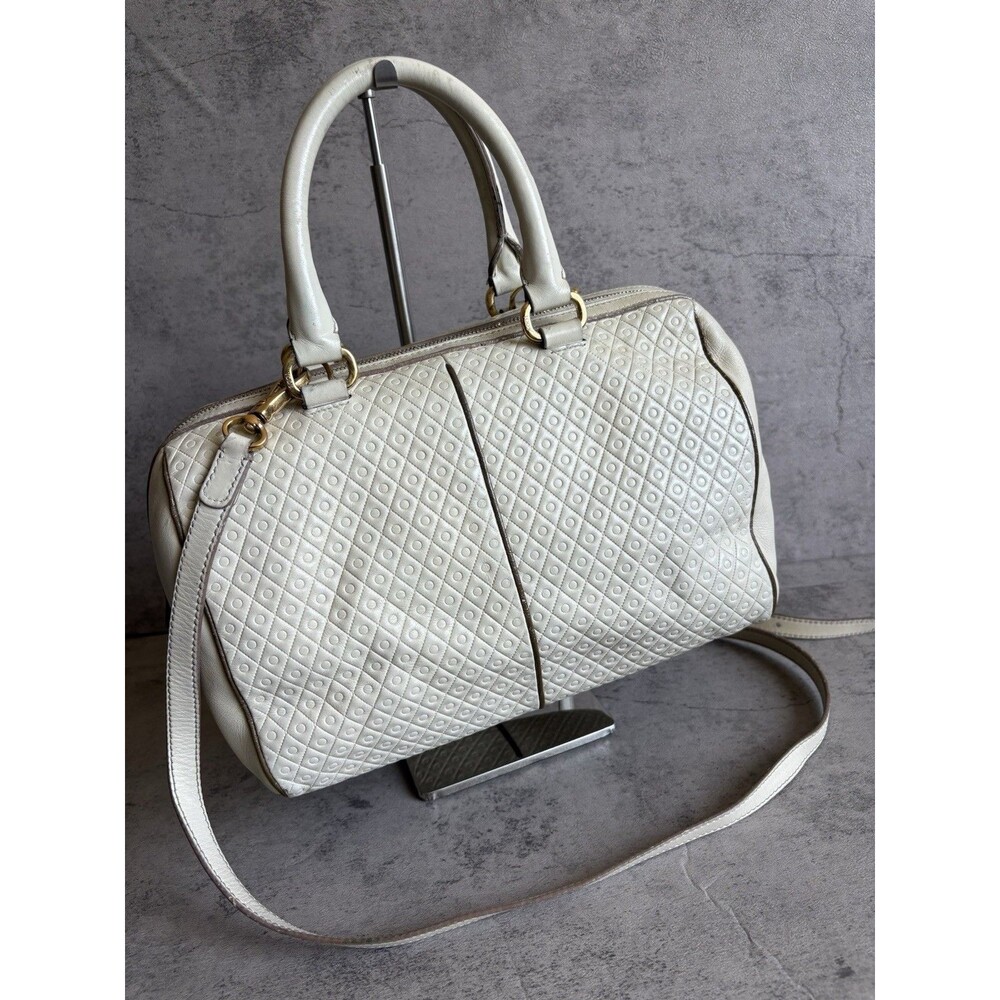 TOD’S Signature Embossed Leather Boston Satchel Ivory Crossbody Bag Authentic